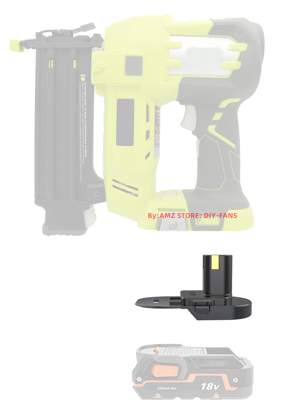 LQ-18RY adapter close-up showing compact ABS design for Ryobi and Ridgid batteries