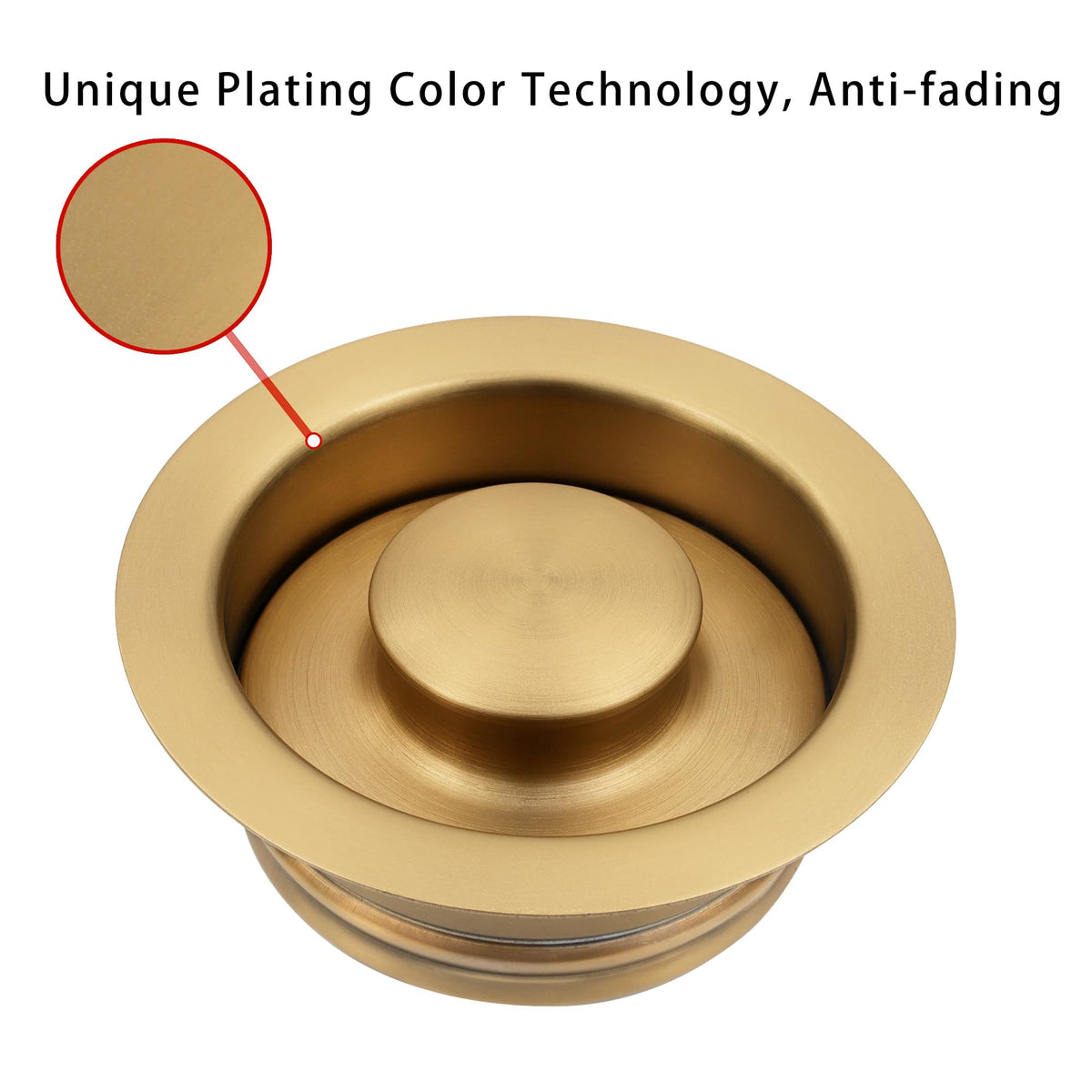 LQS golden disposal stopper detail highlighting smooth operation and tight seal.