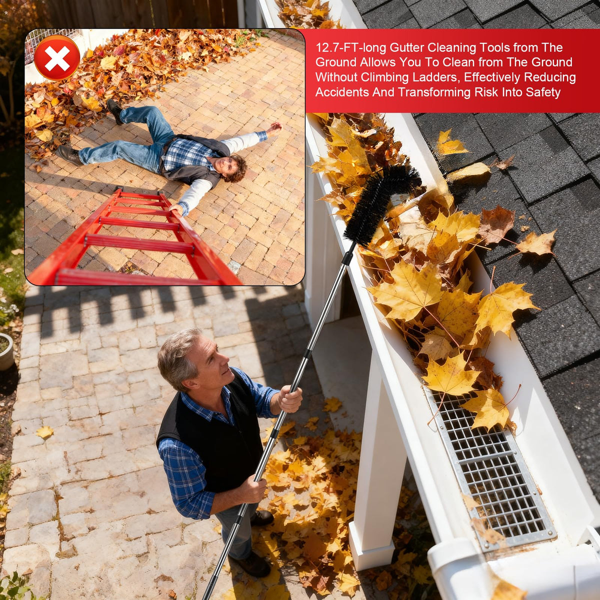 LrqzHsyl telescopic pole adjusts from 1.9 to 12.7 feet for tall gutters.
