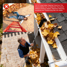 LrqzHsyl telescopic pole adjusts from 1.9 to 12.7 feet for tall gutters.