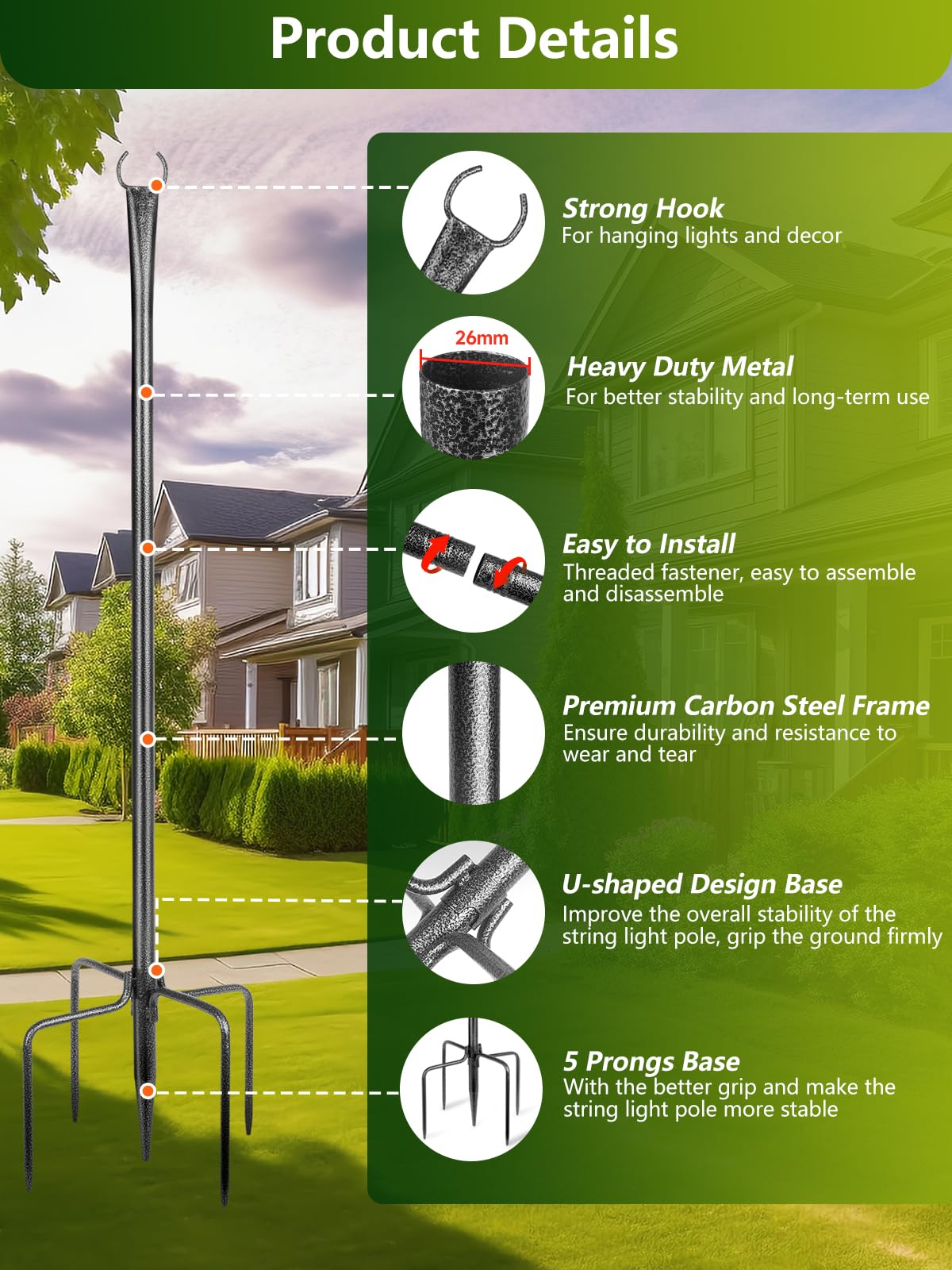 Spacing guide shows 12–15 ft intervals for stable outdoor decoration.