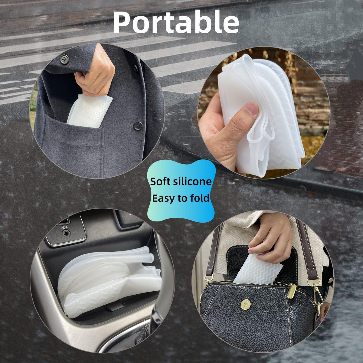 Outdoor hiking scene with LSDWL shoe covers during rain protection.