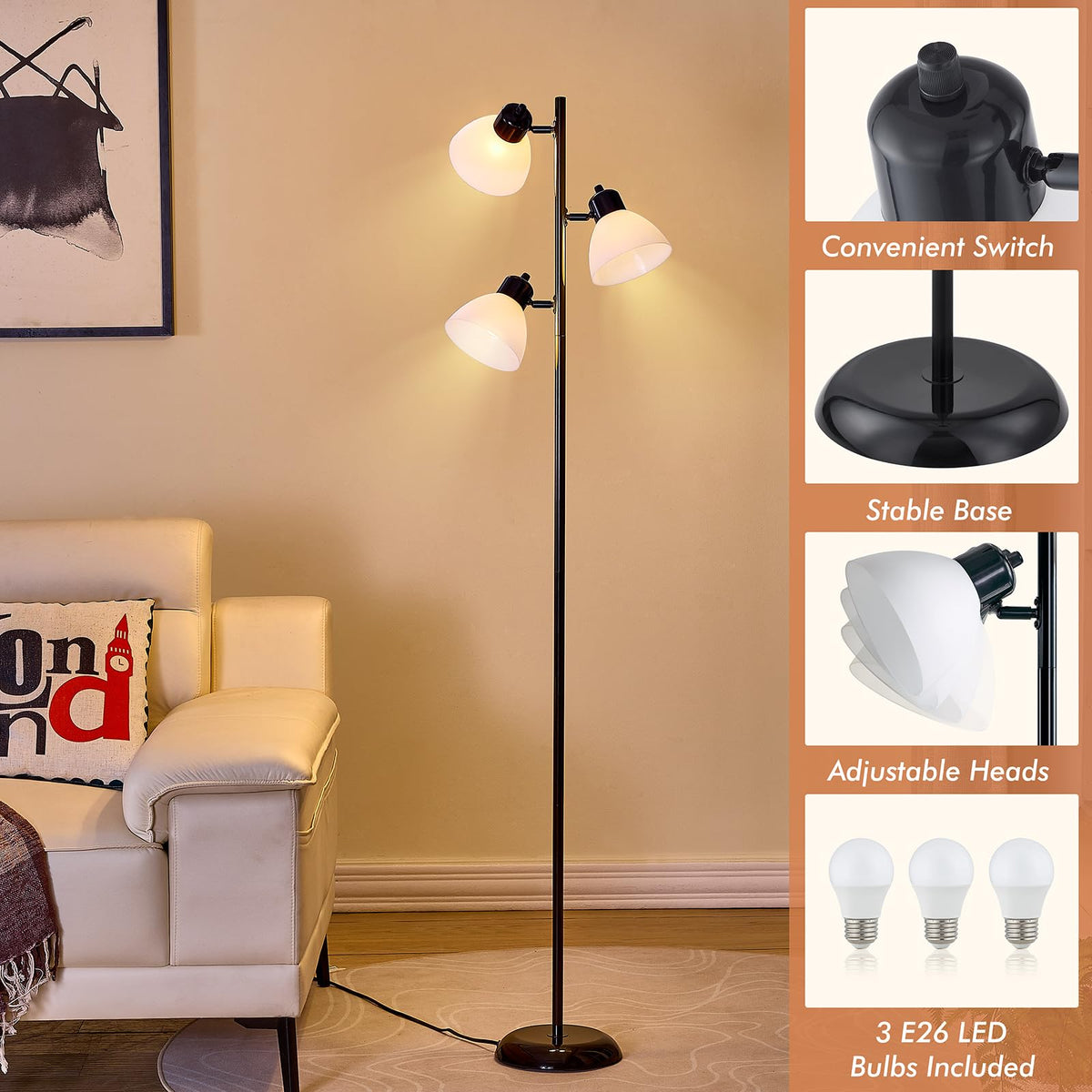 LTGSRC lamp includes three E26 bulbs for immediate ambiance