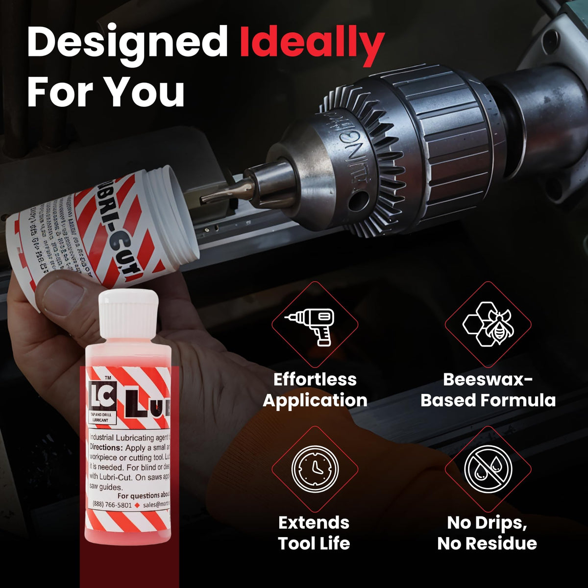 Lubri-Cut gel on metal surface highlights controlled application for deep drilling.