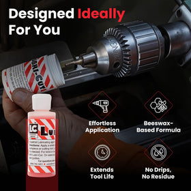 Lubri-Cut gel on metal surface highlights controlled application for deep drilling.