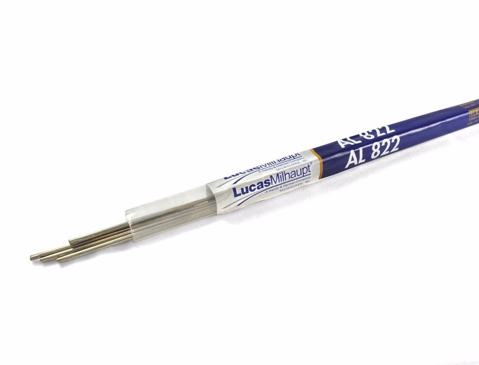 Lucas Milhaupt AL822 flux-core braze wire for joining aluminum to aluminum or copper, enabling strong joints.