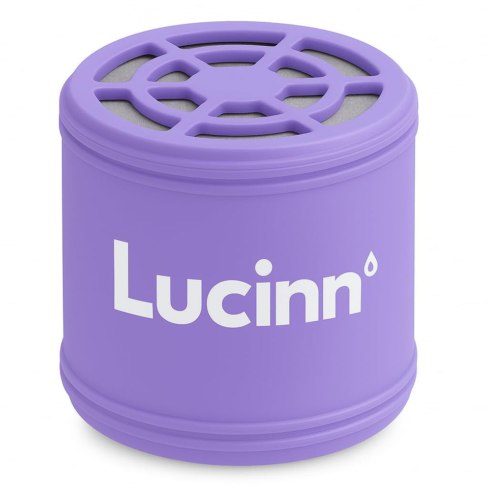 Lucinn Pro filtered showerhead cartridge close-up showing filtration for softer skin and shinier hair