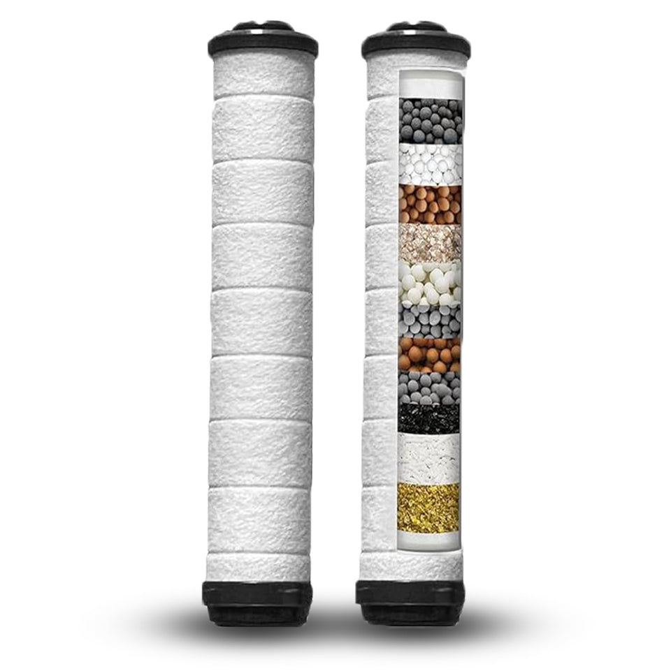 Lucinn Pro showerhead filter cartridge close-up showing 12-stage filtration for chlorine reduction.