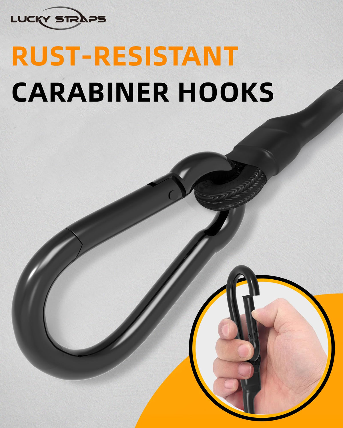 LuckyStraps rust-resistant carabiner hooks provide fast, durable gear fastening
