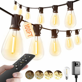 Luckystyle 100FT LED outdoor string lights with remote for easy patio ambiance.