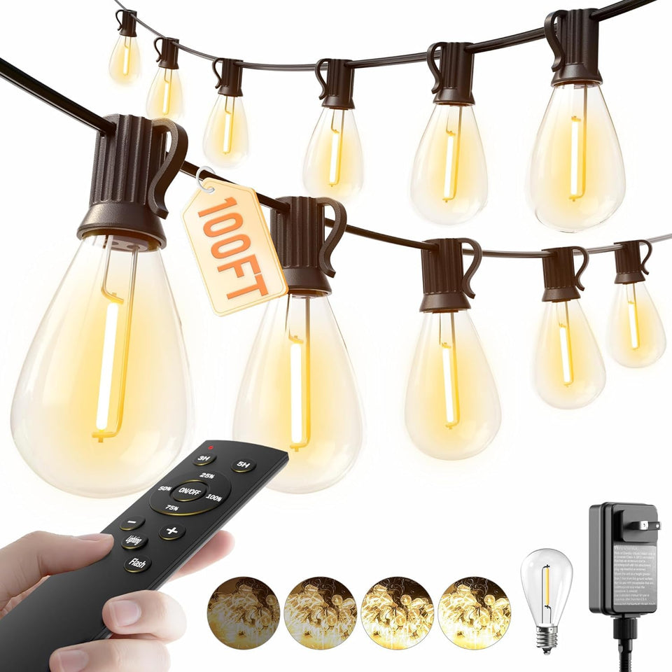 Luckystyle 100FT LED outdoor string lights with remote for easy patio ambiance.