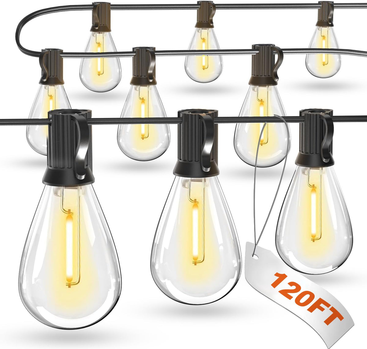 Luckystyle 120ft LED outdoor string lights overhead for large outdoor spaces with warm glow.