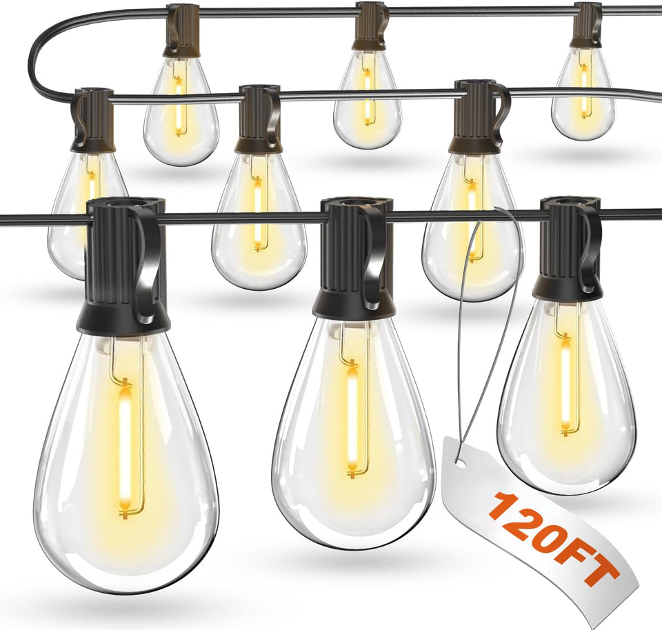 Luckystyle 120ft LED outdoor string lights overhead for large outdoor spaces with warm glow.
