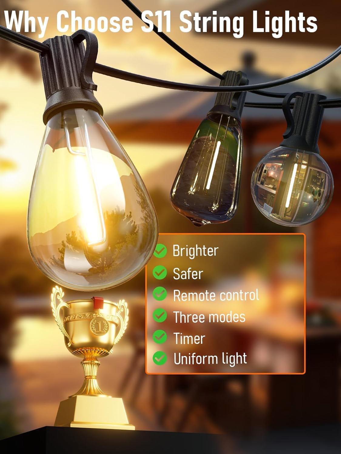 Luckystyle 35+1 S11 LED bulbs provide dense, warm-white illumination for decks.
