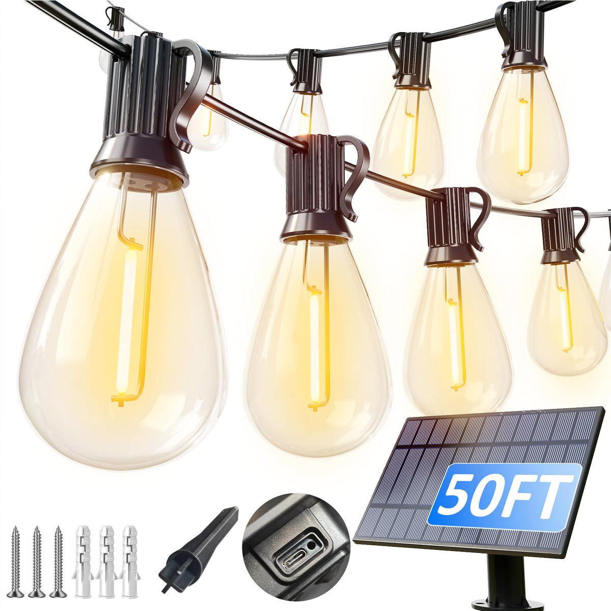 Luckystyle 50ft solar string lights for outdoor waterproof ambiance.