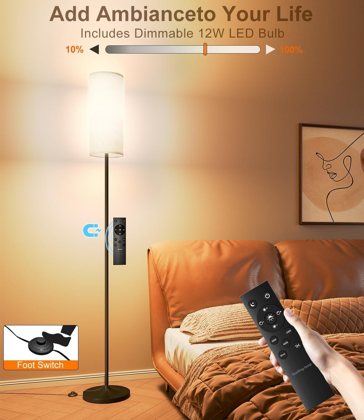 Luckystyle dimmable floor lamp lampshade linen slows glare for soft, cozy illumination.