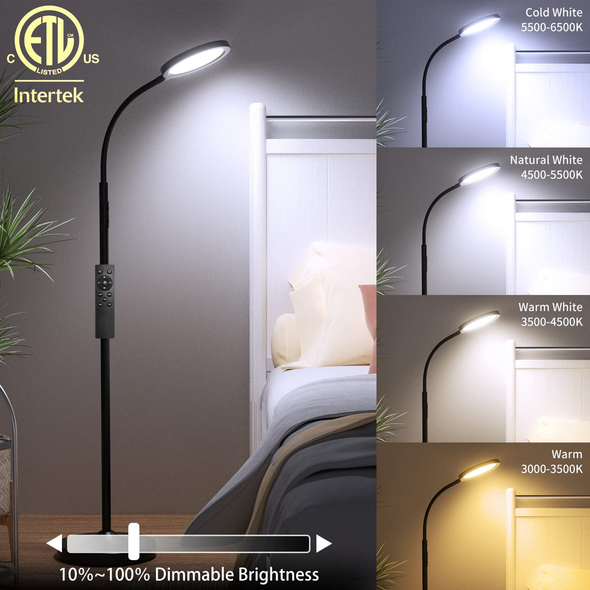 Luckystyle floor lamp LED head delivers bright, non-dazzling light for reading and tasks.