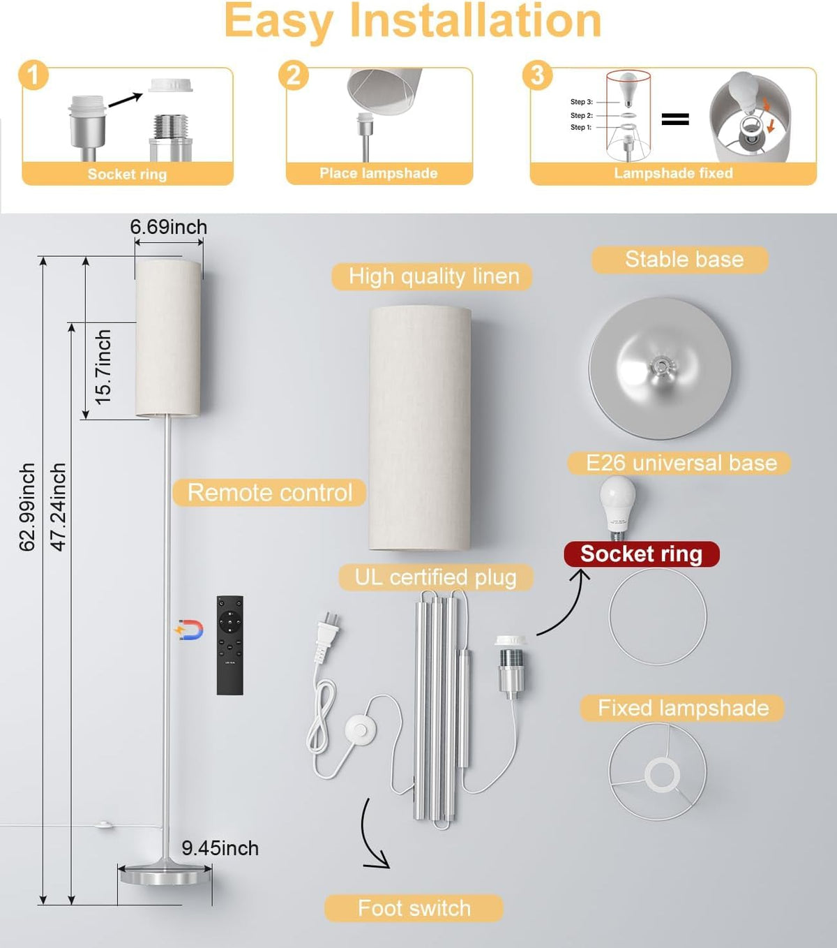 Luckystyle LED floor lamp foot switch enables quick hands-free on/off.