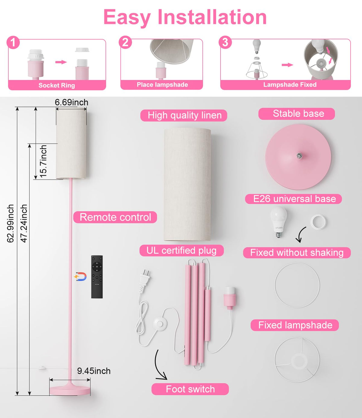 Luckystyle floor lamp with foot switch for convenient hands-free adjustment.