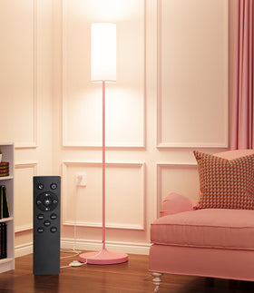 Luckystyle LED floor lamp pink pole with linen shade for soft living room lighting.