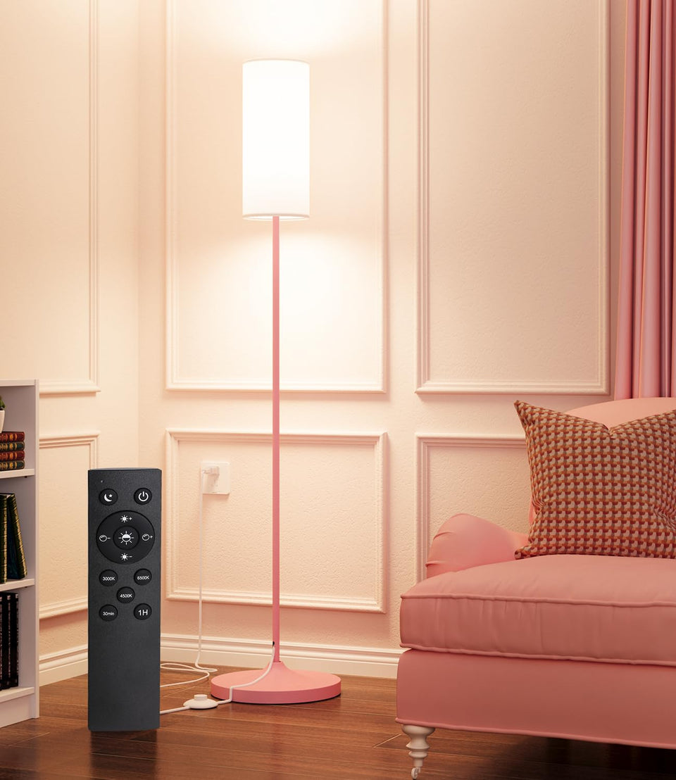 Luckystyle LED floor lamp pink pole with linen shade for soft living room lighting.