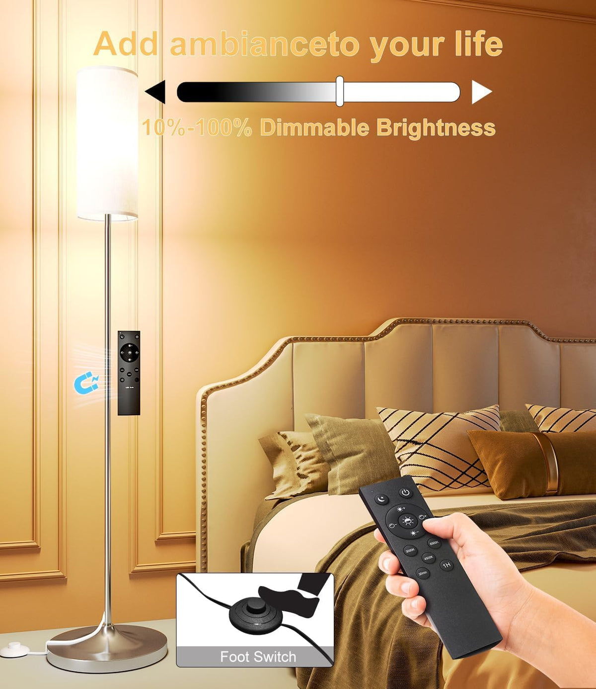 Luckystyle LED floor lamp shade features linen texture for softened, comfortable light.