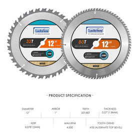 Luckyway 12-inch miter blade 80T for fine finish and smooth edges.