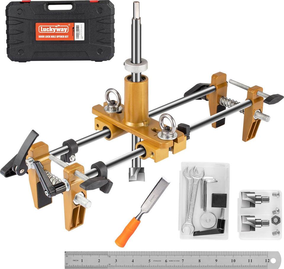 Luckyway door lock hole opener kit demonstrates precise mortising for secure wooden doors.