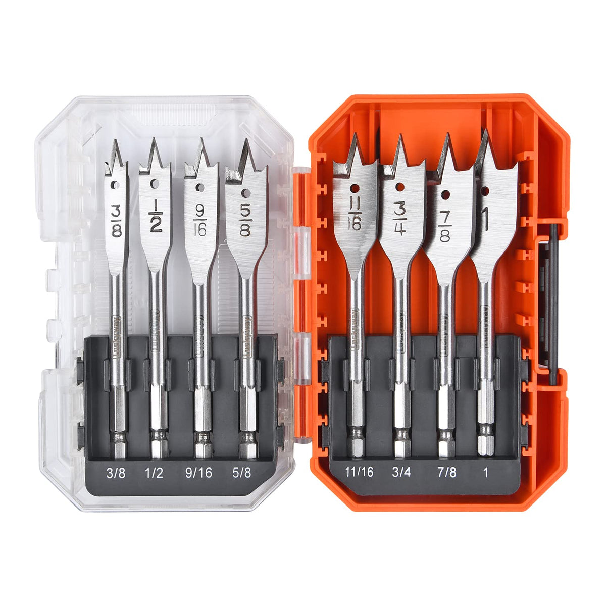 Luckyway spade drill bits set in open case for organized woodworking projects