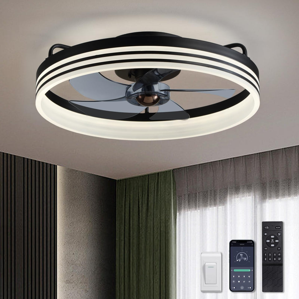 LUDOMIDE 20-inch black flush-mount ceiling fan with light offering compact cooling.