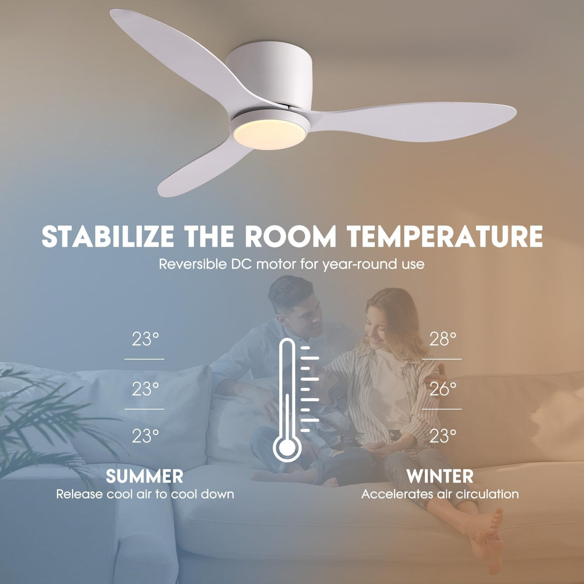 LUDOMIDE ceiling fan summer-winter modes show season-ready airflow.