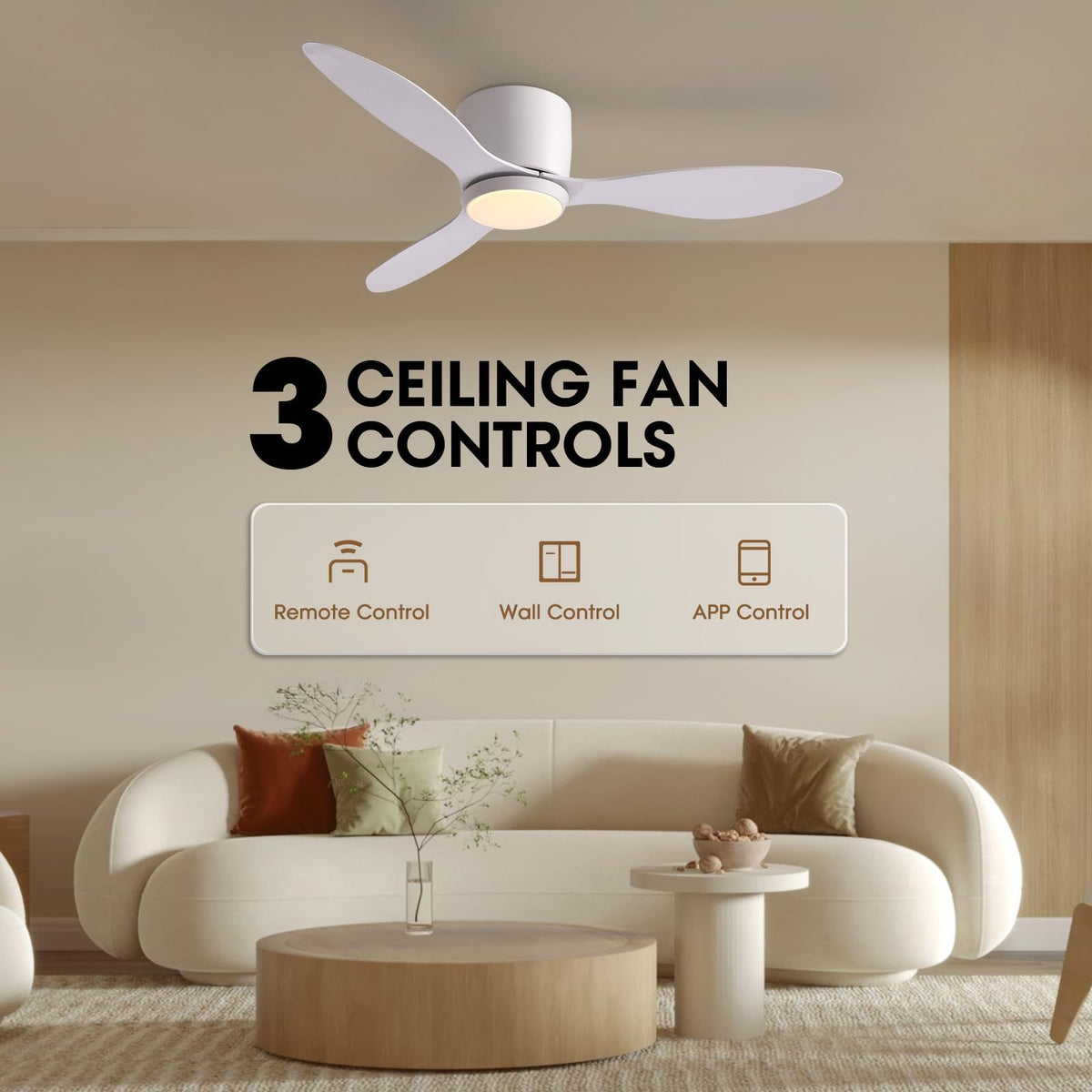 LUDOMIDE ceiling fan with wall control demonstrates convenient remote-style operation.