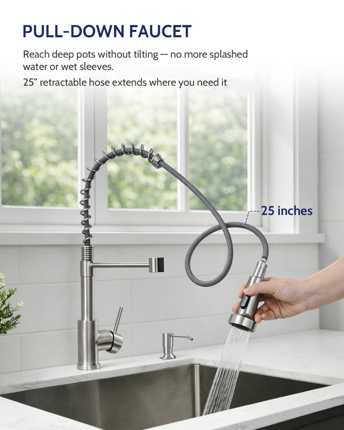 LUFEIDRA high-arc spout clears tall pots and allows comfortable filling