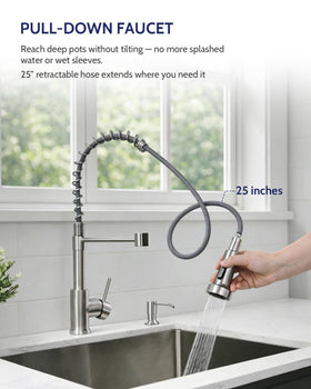 LUFEIDRA high-arc spout clears tall pots and allows comfortable filling