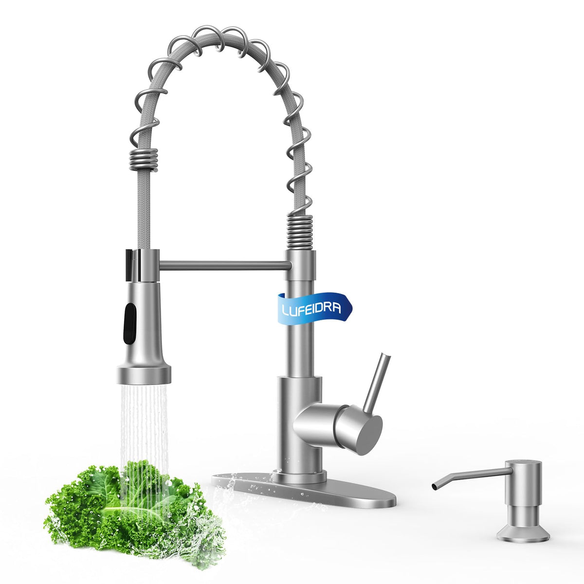 LUFEIDRA kitchen faucet with pull-down sprayer extending over sink for easy reach