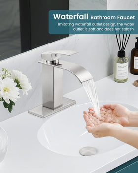 LUFG brushed nickel deck-mount faucet shown for durable installation.