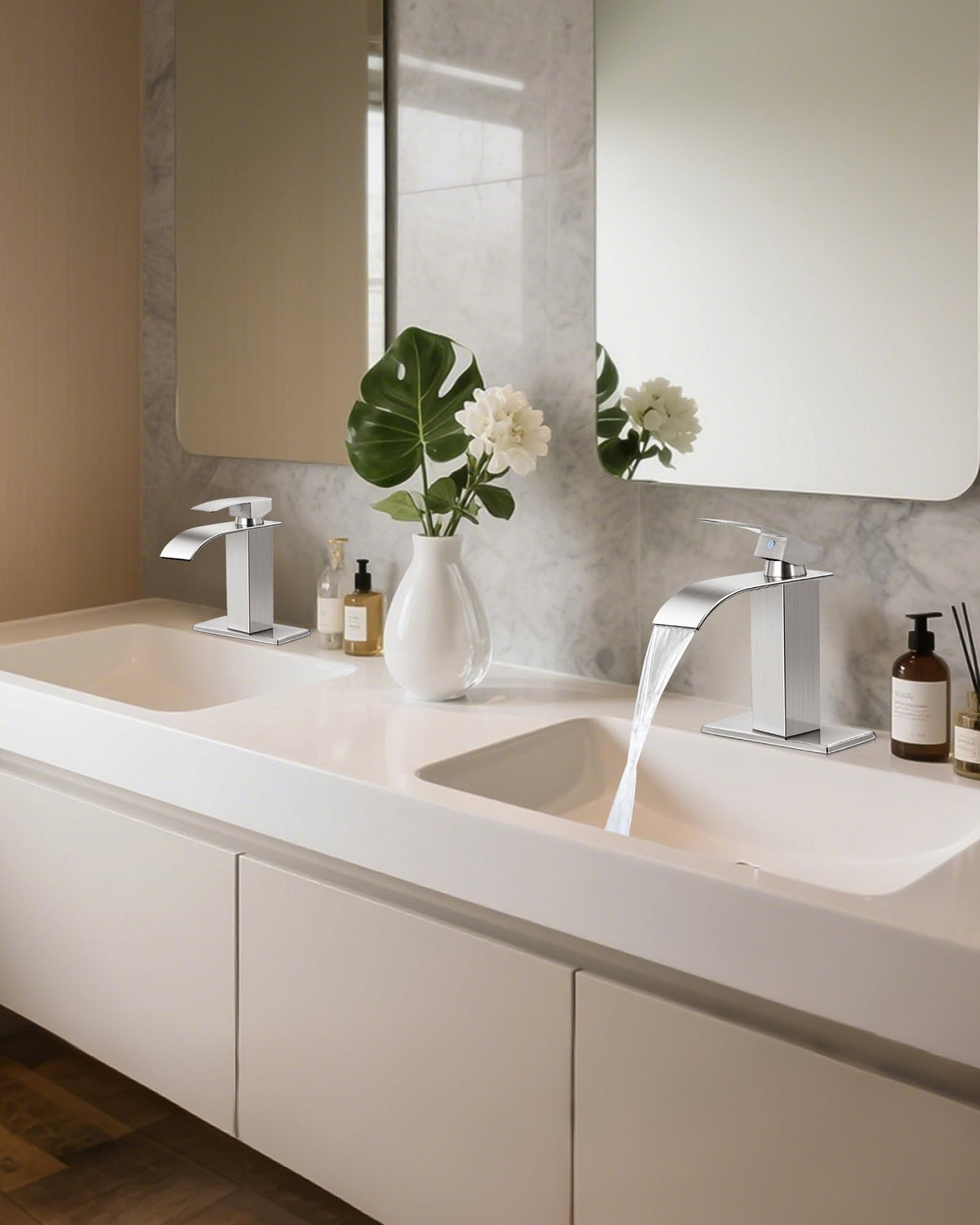 LUFG brushed nickel finish resists fingerprints and water spots for easy maintenance.