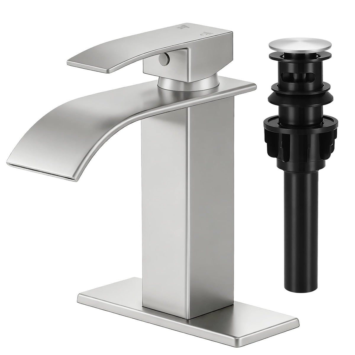 LUFG brushed nickel waterfall spout delivers broad, even flow for a spa-like bathroom.