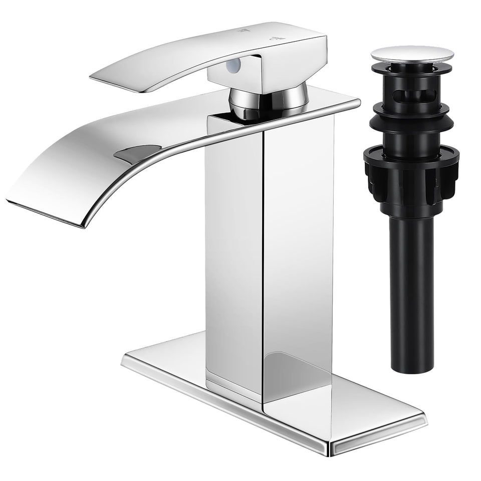 LUFG chrome waterfall bathroom faucet, front view, durable finish and modern style.