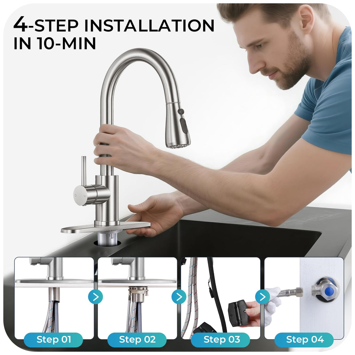 LUFG pull-down faucet handles routine kitchen tasks with splash-free control.