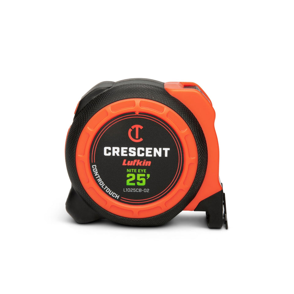 Lufkin ControlTouch NITE EYE tape measure showing 25 ft length and clear print for easy reads.