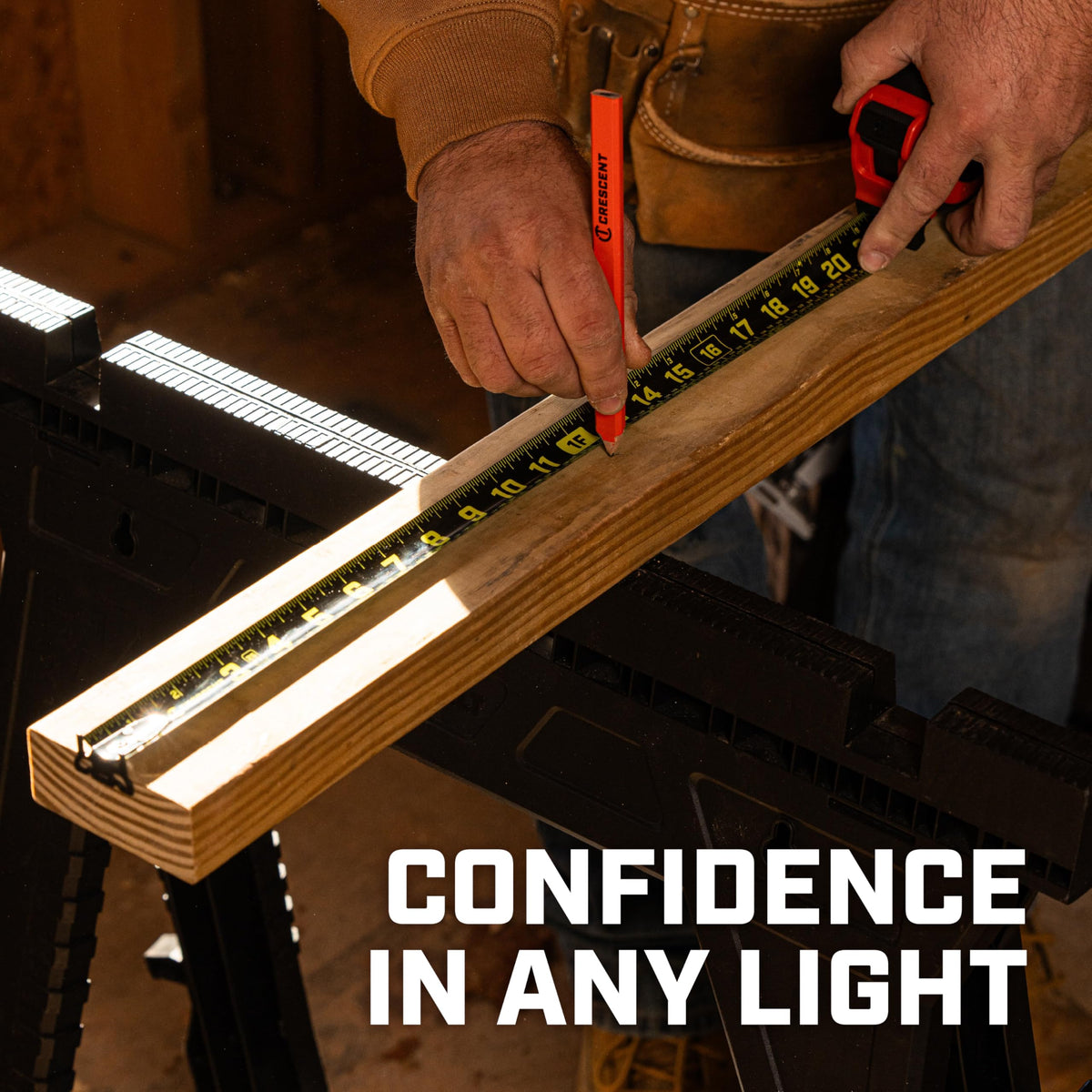 Lufkin tape measure with protected lock button and durable housing.