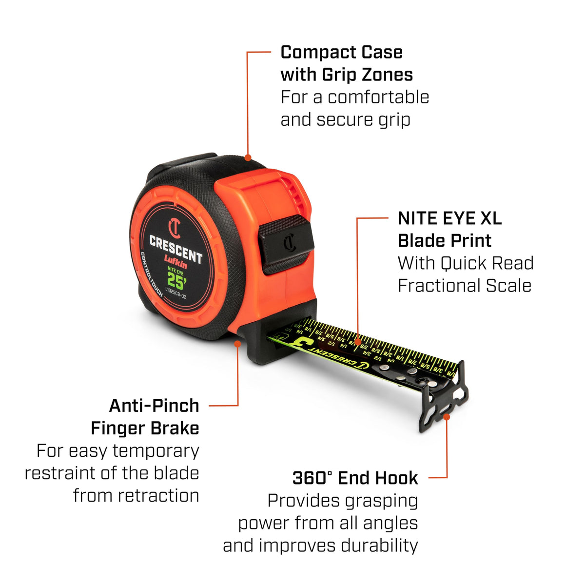 Lufkin Crescent CONTROLTOUCH NITE EYE tape with 360 degree end hook for versatile grasping.