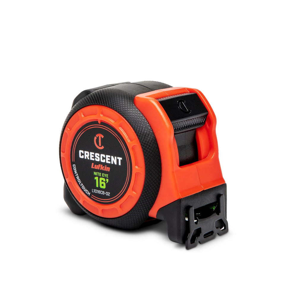 Lufkin Crescent CONTROLTOUCH NITE EYE 16ft tape measure anti-pinch brake for smooth retraction.