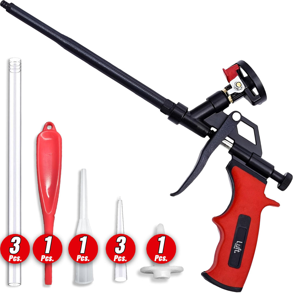 Luft Professional foam spray gun front view shows the full tool for precise insulation tasks.