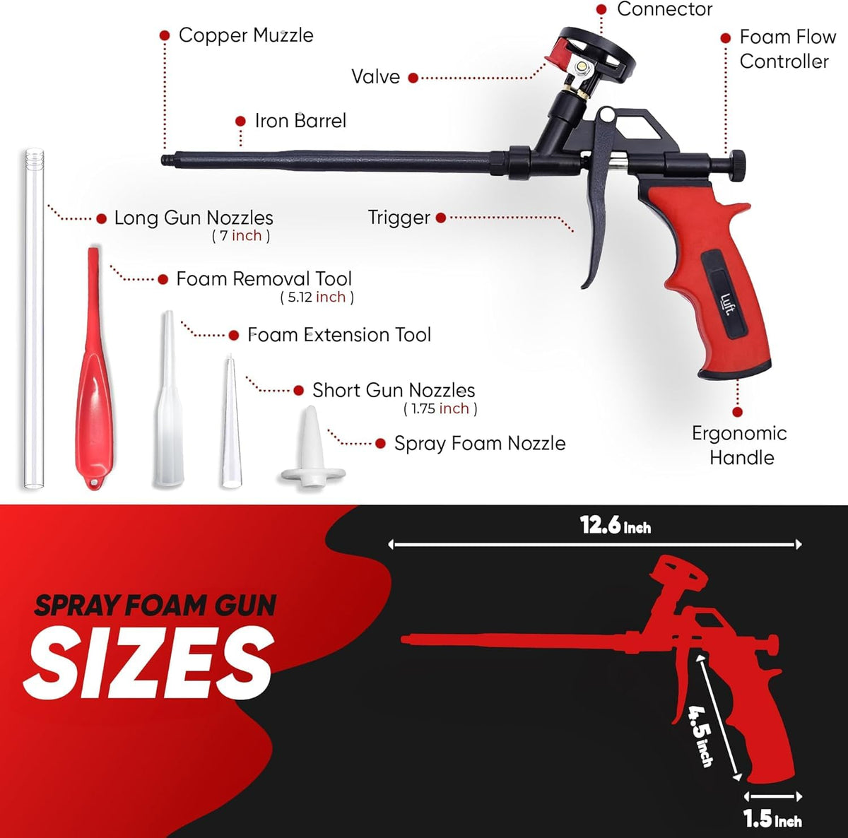 Luft Professional foam gun nozzle detail with copper tip for controlled flow.