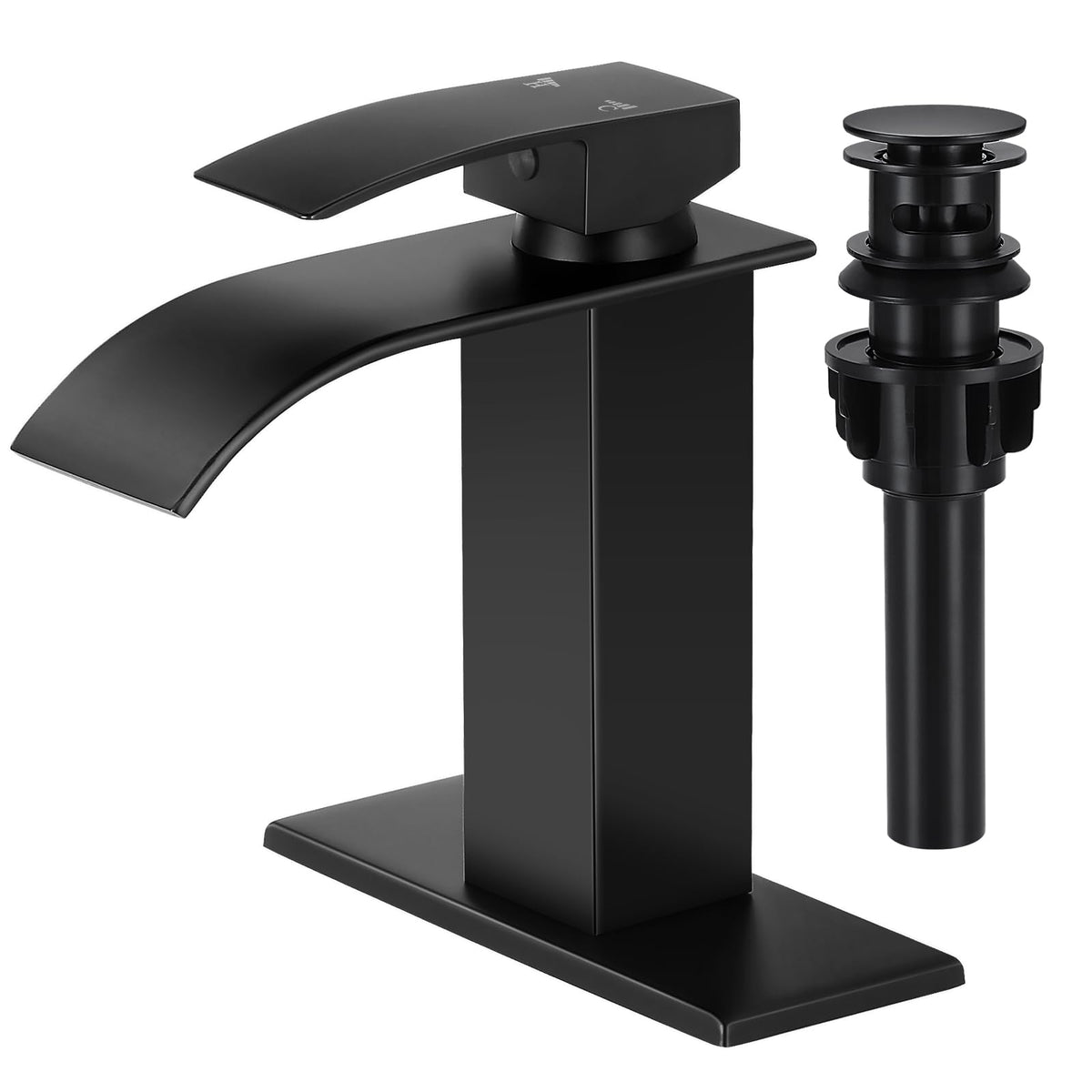 LUFG matte black waterfall faucet with wide spout for even flow and modern style.