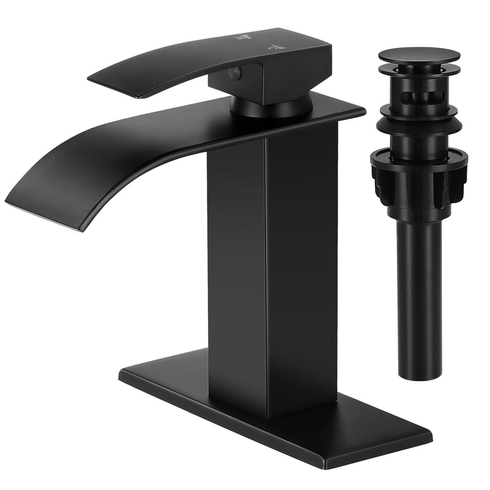 LUFG matte black waterfall faucet with wide spout for even flow and modern style.