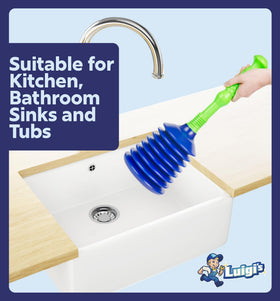 Luigi's blue-green commercial-style plunger emphasizes durable construction.