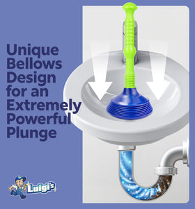 Luigi's heavy-duty bellows deliver strong air pressure for stubborn clogs.